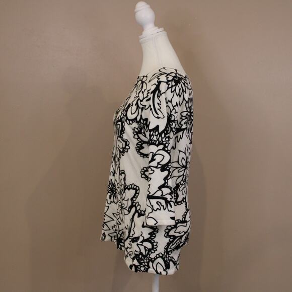 Women's Cache Black and White 3/4 Sleeve Floral Knit Top Sz L - Picture 3 of 5